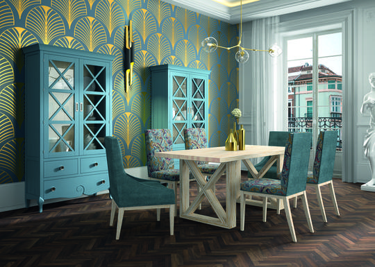 Středomořská jídelní sestava v barvách typických pro mediteránský styl bydlení. Azurová modrá spolu s přírodním dřevem je ideální volbou do svěžích interiérů.